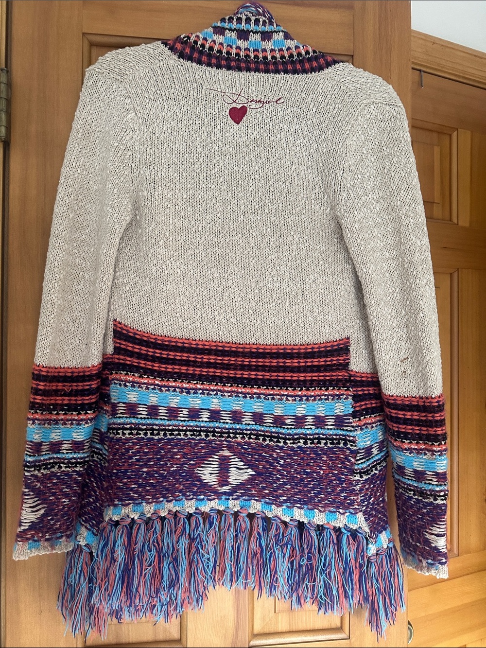 Desigual Boho Fringe Knit Cardigan Dress in Cream and Multicolor